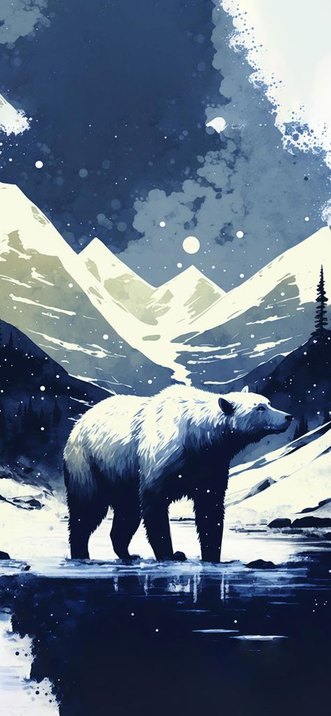 Polar Bear Wallpaper Iphone, Bear Wallpaper Iphone, Polar Bear Wallpaper, Mountains Background, Mountain Background, Bear Mountain, Drawing Wallpaper, Mountain Wallpaper, Winter Wallpaper