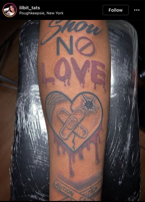 Arm Fill In Tattoos, No Love Tattoo Designs, Heartless Tattoo Men, Love Tattoo Men, No Love Tattoo Men, Show No Love Tattoo, Hard Times Tattoo, Love Tattoos For Men, No Love Tattoo