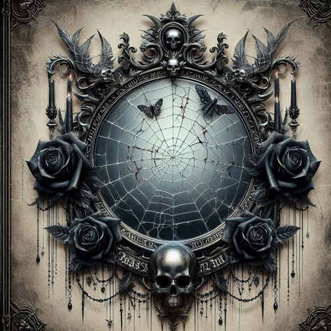 Create an image of a gothic-style mirror frame adorned with black roses and metallic skulls at the base, with a luminescent spider web stretching across the reflective surface. Incorporate an ancient, cryptic inscription around the frame, adding an air of mystery and intrigue. Add some faded bloodstains on the inscription to enhance the eerie and ominous atmosphere. Include a moth or bat perched on the frame to complete the dark and gothic aesthetic. Gothic Mirror Aesthetic, Gothic Mirror, Black Roses, Spider Webs, Gothic Aesthetic, Mirror Frame, Reflective Surfaces, Gothic Style, Mirror Frames