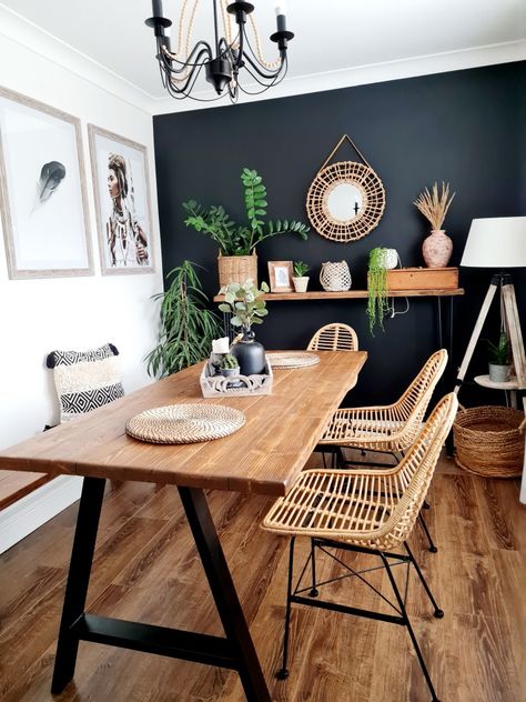 Acacia Dining Table Decor, Boho Formal Dining Room, Small Industrial Dining Room, Dinning Room With Coffee Station, Rustic Small Dining Room, Boho Living Dining Combo, Decorating Small Dining Rooms, Cozy Dining Room Wall Decor, Dining Room Inspo Boho