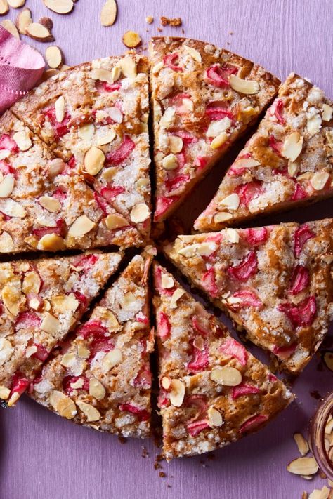 Almond Rhubarb Coffee Cake | "This is a very beautiful cake! I increased the rhubarb and topping as others have suggested. I took one cake into work and saved the other for home!" #cakerecipes #bakingrecipes #dessertrecipes #cakes #cakeideas #rhubarbrecipes #rhubarbrecipes Muffins Coffee Cake, Rhubarb Coffee Cake, Brunch Muffins, Rhubarb Coffee Cakes, Almond Crumble, Just Pies, Rhubarb Desserts, Almond Cake Recipe, Rhubarb Cake