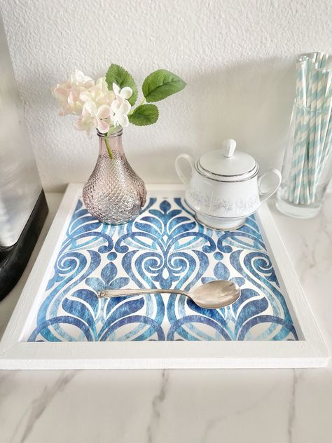 DIY Dollar Tree Tray Craft Diy Decorative Tray, Coffee Station Table, Diy Coffee Table Tray, Tree Coffee Table, Coffee Area, Kitchen Table Centerpiece, Arts And Crafts For Adults, Wooden Trays, Home Decor Craft