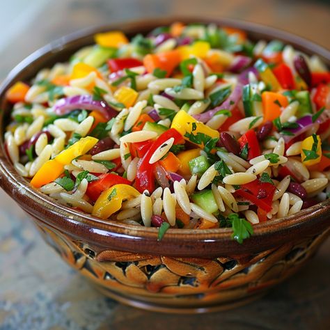 Rainbow Orzo Salad is a delightfully vibrant and fresh dish that’s filled with a colorful mix of vegetables and a zesty dressing. It’s not heavy or overly rich either. I think it’s a perfect summertime or picnic salad, and if you’re not a fan of any particular vegetable, feel free to omit it. It will still be undeniably delicious! If you’re looking for a light & colorful salad that’s not overly complicated, you’ve come to the right place. When you combine tender orzo with a medley of crisp ... Orso Salad Recipes, Harvest Orzo Salad, Picnic Salad, Colorful Salad, Fresh Dishes, Lunch Appetizers, Orzo Salad, Summer Corn Salad, Homemade Salads