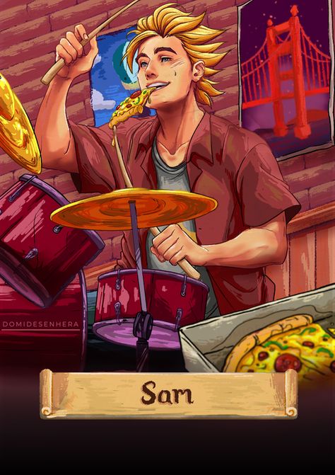 Sam playing drums and eating pizza, fanart made by me : StardewValley Sam Fanart Stardew Valley, Stardew Sam Fanart, Stardew Valley Fanart Alex X Farmer, Stardew Valley Fanart Sam, Elliot Fanart Stardew Valley, Stardew Sam, Sam Stardew Valley Fanart, Stardew Valley Fanart Elliot X Farmer, Sam Stardew Valley