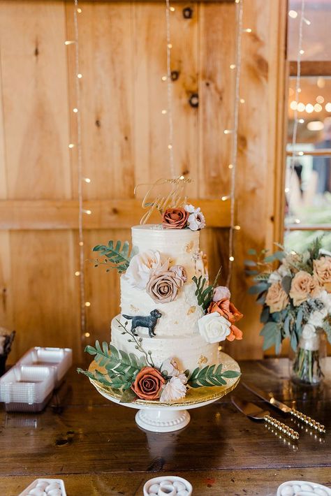 Wedding Cake With Dog, Cake With Dog, Flowers For Wedding Cake, Wedding Cakes Dog, Three Tier Wedding Cake, Wedding Cake With Flowers, Early Fall Weddings, Dog Cake Topper Wedding, Cake With Flowers