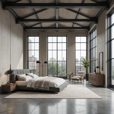 High-end loft vibes with exposed steel beams, glass windows, neutral-toned bedding, and polished concrete floors. A perfect blend of modern and industrial.

#LoftBedroom #IndustrialDesign #ModernInteriors #NeutralDecor #LuxuryLiving Industrial Glam Decor, Industrial Chic Bedroom, Rustic Industrial Bedroom, Modern Industrial Bedroom, Bedroom Industrial Chic, Chic Bedroom Ideas, Industrial Bedroom Furniture, Bed With Drawers Underneath, Industrial Decor Bedroom