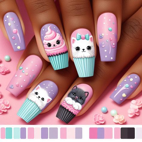 #kitten  #nails   #cute  #summer_nails Cat Nail Ideas, Kitten Nails, Cupcake Nail Art, Cat Nail Designs, Cat Nail, Cat Nails, Pinterest Ideas, Nails Cute, Neon Nails