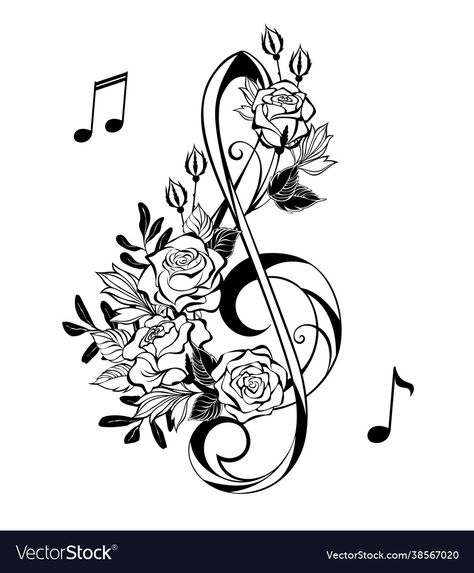 Treble Clef And Flower Tattoo, Music Note Tattoo With Flowers, Treble Clef Tattoo With Flower, Floral Treble Clef Tattoo, Sunflower Music Tattoo, Music Tattoo Stencil, Alto Clef Tattoo, Floral Music Tattoo, Flower Music Tattoo