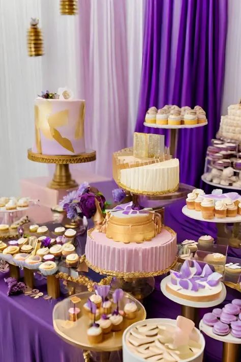 22 Enchanting Ways to Incorporate Purple and Gold into Your Wedding - Prairie Hive Purple And Gold Theme, Wedding Cales, Gold Theme Birthday, Gold Theme Party, Gold Wedding Ideas, Purple Wedding Cake, Tall Floral Arrangements, Purple And Gold Wedding, Dream Wedding Decorations