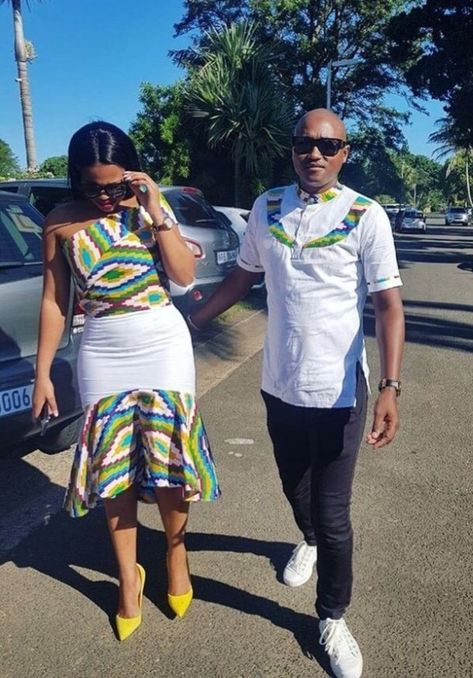 Kitenge Designs For Couples, Couple Traditional Outfits African, Traditional Shirts For Men Shweshwe, Traditional Outfits African, Couples African Outfits, South African Traditional Dresses, African Print Shirt, African Traditional Wear, Traditional African Clothing