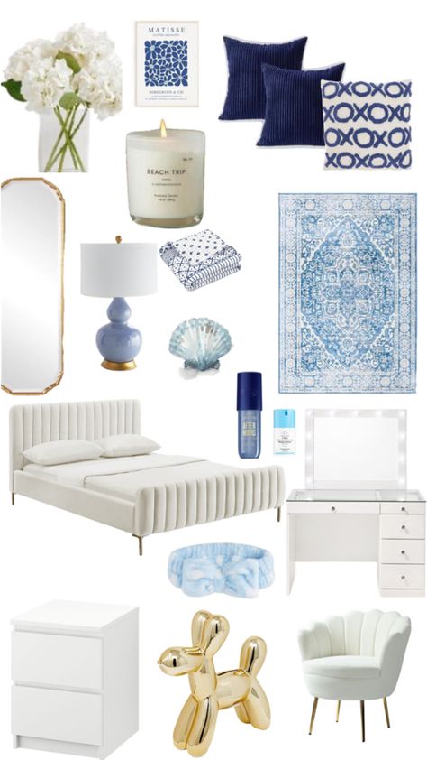 Navy Room Ideas, Navy Room Decor, Comfy Room Ideas, Baby Blue Bedrooms, Coastal Room Decor, Summer Room Decor, Blue Room Decor, Blue Bedroom Decor, Classy Bedroom