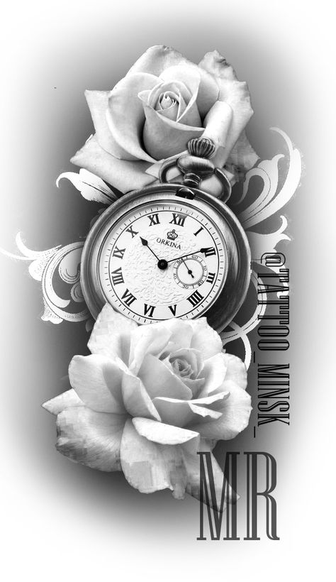 ROSE CLOCK TATTOO Tatto Clock, Clock And Rose Tattoo, Watch Tattoo Design, Pocket Watch Tattoos, Rose Clock, Clock Tattoo Design, Graffiti Tattoo, Tattoo Rose, Small Meaningful Tattoos