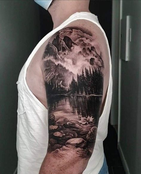 Realism Nature Tattoo Sleeve, Realistic Mountain Tattoo Design, Half Sleeve Ideas Men, Mountain Tattoo Sleeve Women, Forest Half Sleeve Tattoo, 3/4 Sleeve Tattoos For Guys, Forrest Tattoo Designs, Forest Sleeve Tattoo Women, Mountain Sleeve Tattoo Women