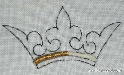 raised work and seed stitch Embroidered Crown, Embroidery Animals, Crown Embroidery, Letters Embroidery, Paper Angel, Crown Pattern, Seed Stitch, Sewing Embroidery Designs, Gold Work