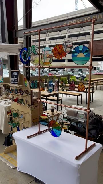 Stain Glass Display Ideas, Stained Glass Craft Show Display, Stained Glass Craft Booth, Sun Catcher Display Ideas, Stained Glass Vendor Display, Stained Glass Display Stands, Stained Glass Booth Display, Stained Glass Market Display, Suncatcher Display Ideas