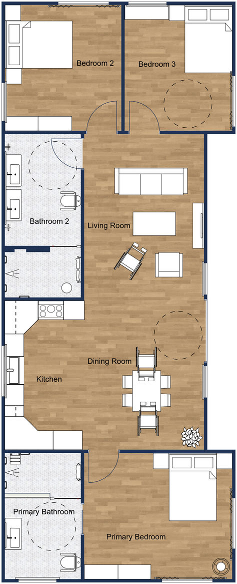 A dark wooded 2D floor plan with two ADA bathrooms, three bedrooms, an l-shaped kitchen, and an open concept. Ada Floor Plans, Residential Floor Plan, 2d Floor Plan, Ada Bathroom, Dream Farm, Apartment Floor Plan, Studio Apt, Group Home, Bedroom Floor Plans