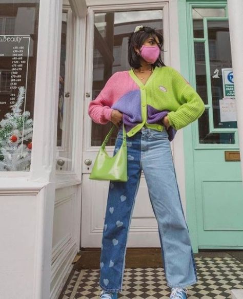 #mingalondon #heart #pink #pastel #shades #teenage #girls #teens #love #energy #bffs #argyle #cardigan #trousers #jeans #pattern  #hearts #knit #knitwear #90sfashion #90s #aesthetic #outfits #kawaii #softgirl #vintage #retro #softaesthetic #lookoftheday #vintageaesthetic #retroaesthetic #editorial #fashion #inspo #inspiration #outfitinspo #spring #colourful Bright Outfits Aesthetic, Colorful Clothes Aesthetic, Aesthetic Outfits Kawaii, Colorful Style Outfits, Cute Colorful Outfits, Jeans Pattern, Bright Outfit, Bright Colored Outfits, Trendy Outfit Inspo