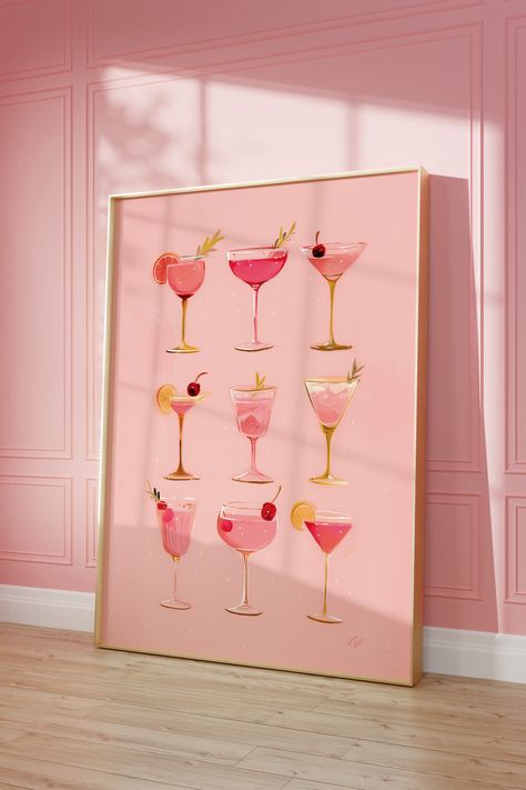 Pink Kitchen Prints, Pink Bar Cart, Wall Decor Girly, Pink Kitchen Walls, Cocktails Poster, Pink Kitchen Decor, Cocktail Wall, Pink Bar, Cocktail Poster