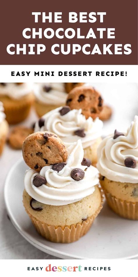 Tender, chocolatey, and simply sweet, these chocolate chip cupcakes are one of my favorite easy treats to make with a fun secret inside! Vanilla Cupcakes With Chocolate Chips, Easy Homemade Cupcake Recipes, Easy Mini Desserts Recipes, Chocolate Chip Cupcakes Recipe, Mini Cupcake Recipes, Witchy Tea, Homemade Cupcake Recipes, Easy Buttercream Frosting, Homemade Buttercream