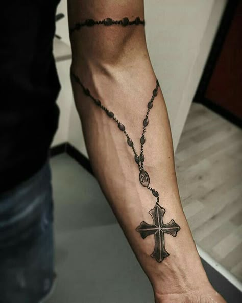 Mens Rosary Tattoo, Rosery Beads Tattoo, Tato Idea, Rosary Tattoo Arm, Bead Tattoo, Rosary Tattoo Wrist, Tattoo Around Arm, Cross Necklace Tattoo, Roseary Tattoo