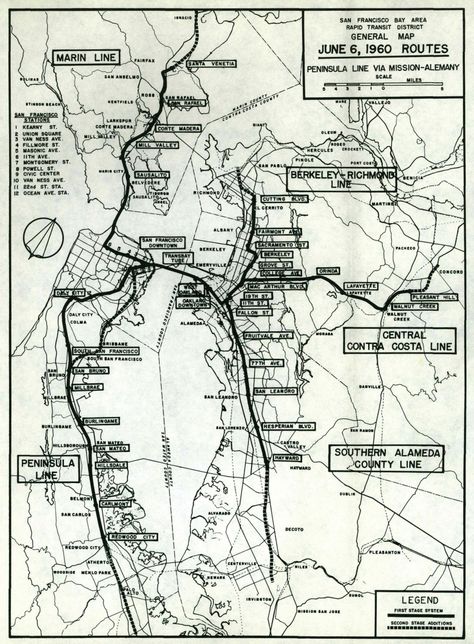 Source: From San Francisco Bay Area Rapid Transit District Supplemental Estimates, June 6, 1960, Parsons-Brinckerhoff-Tudor-Bechtel. UC Berkeley Library via flickr user Eric Fischer. Berkeley Library, Bay Area Rapid Transit, Contra Costa County, Rapid Transit, Marin County, Route Map, East Bay, Fantasy Map, Sport Motivation