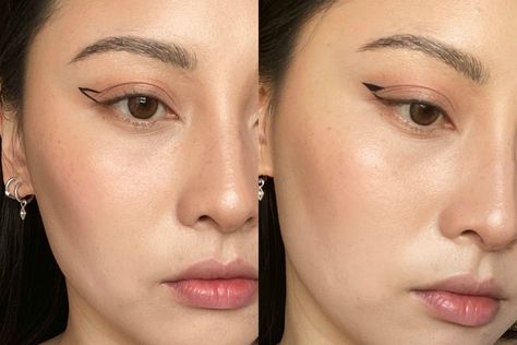 Cat Eye Asian Eyes, Graphic Liner On Hooded Eyes, Subtle Eyeliner Hooded Eyes, Downward Turned Eyes Makeup, Hoodie Eyes Eyeliner, Droopy Eyes Eyeliner, Partially Hooded Eyes Eyeliner, Epicanthal Fold Makeup, Hooded Eyes Eyeliner Graphic