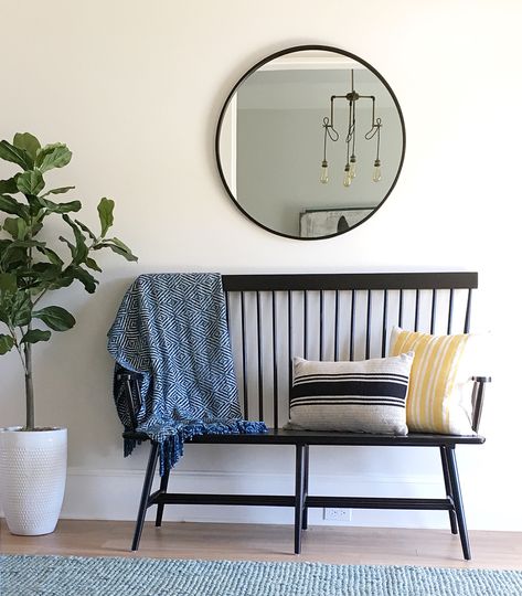 Black Bench In Entryway, Bench And Mirror Entryway, Black Bench Entryway Decor, Entryway Bench With Mirror, Black Entry Bench Decor, Black Bench Entryway, Entryway Black Bench, Black Entry Bench, Black Farmhouse Bench Entryway