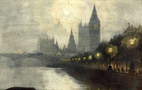 Westminster by George Hyde Pownall (b. 1866; Radcliffe-on-Trent in Nottinghamshire, England – d. 24 January 1939; St Kilda, Australia) Oil on board, 6 × 9¼ in. (15.2 × 23.5 cm.) signed ‘Geo. Hyde P’ (lower right) http://www.christies.com/lotfinder/paintings/george-hyde-pownall-westminster-5415771-details.aspx Bio: http://www.slv.vic.gov.au/sites/default/files/La-Trobe-Journal-90-Michael-E-Humphries.pdf Westminster Aesthetic, Twilight Images, Calming Photos, British Aesthetic, Exo Kaisoo, Landscapes Paintings, London Painting, England Art, British Artists