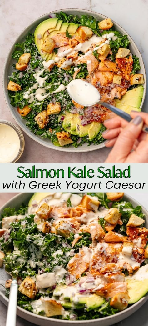 Salmon Kale Salad with Greek Yogurt Caesar Dressing - A Flavor Journal Salmon Everything Bagel, Salmon Salad Dressing, Bagel Croutons, Salmon Kale Salad, Yogurt Caesar Dressing, Recipe With Kale, Salmon Kale, Savory Salmon, Lunch Picnic