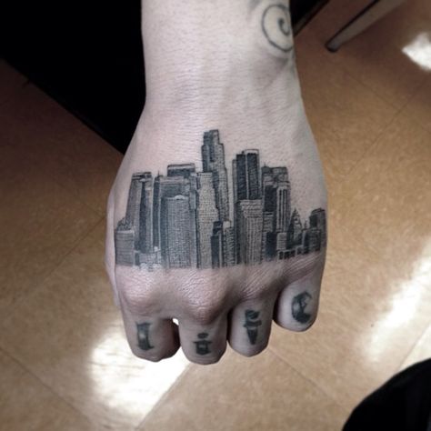 Dr. Woo may be the coolest tattoo artist in Los Angeles - Imgur Los Angeles Skyline Tattoo, Dr Woo Tattoo, Skyline Tattoo, California Tattoo, Dr Woo, La Tattoo, Houston Skyline, Tattoo Symbols, Tattoo Pictures