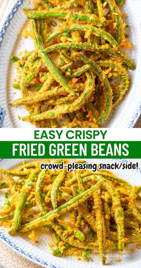 a plate of crispy fried green beans Crispy Green Bean Recipes, Fried Green Beans Recipe, Fried Green Bean Recipes, Green Beans Easy, Potluck Party Food, Air Fried Green Beans, Crispy Green Beans, Green Beans Recipe, Fried Green Beans