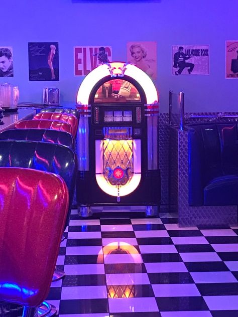 80s Jukebox Aesthetic, Neon Diner Aesthetic, Retro Jukebox Aesthetic, 80s Basement Aesthetic, 50s Asthetic, 80s Restaurants, Jukebox Aesthetic, 80s Nightclub, House Party Aesthetic