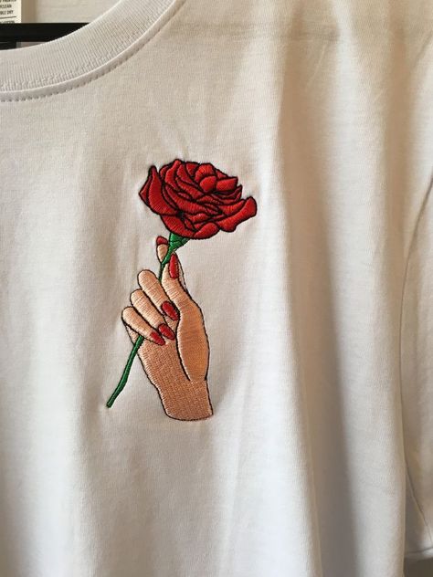 Pinterest: @babykrowfeet 자수 디자인, Hand Holding, Inspiration Mode, Mode Inspiration, A Rose, Red Rose, White Shirt, Diy Clothes, Style Me