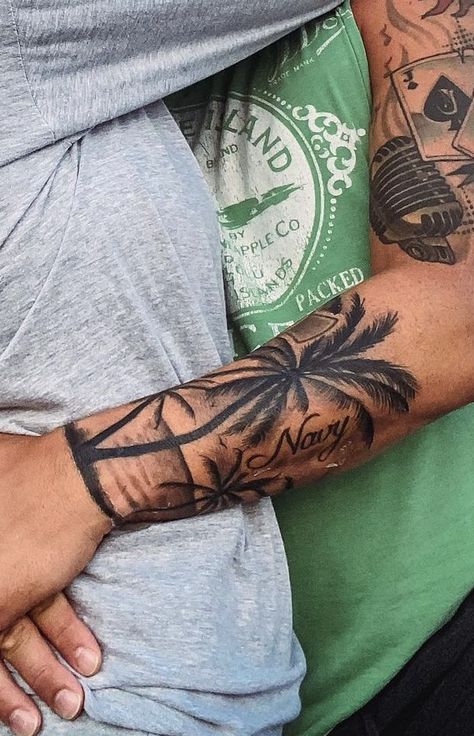 Tropical Tattoo Sleeve, Tree Sleeve Tattoo, Beach Tattoos, Hawaiian Tattoos, Tree Sleeve, Tree Tattoo Men, Tattoos Forearm, Tropical Tattoo, Half Sleeve Tattoos Forearm