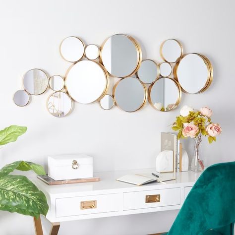 CosmoLiving by Cosmopolitan 54-in W x 21-in H Round Gold Bubble Cluster Framed Wall Mirror in the Mirrors department at Lowes.com Disney Apartment, Mcm Wall Decor, Wall Decor Mirror, Distressed Walls, Bubble Wall, Entryway Mirror, Gold Mirror Wall, Cosmoliving By Cosmopolitan, Glass Mirrors