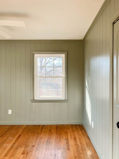 Diy Faux Wall, Sherwin Williams Evergreen Fog, Wood Paneling Makeover, Wood Panneling, Teen Bedroom Makeover, Evergreen Fog, Paneling Makeover, Faux Wall, Painting Shiplap