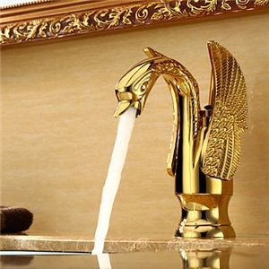 Gold Swan Bathroom Sink Faucet Centerset (Ti-PVD Finish) Swan Bathroom, Bionic Design, Brass Vanity, Copper Faucet, Gold Swan, Basin Sink Bathroom, Spool Holder, Waterfall Faucet, Sink Mixer Taps