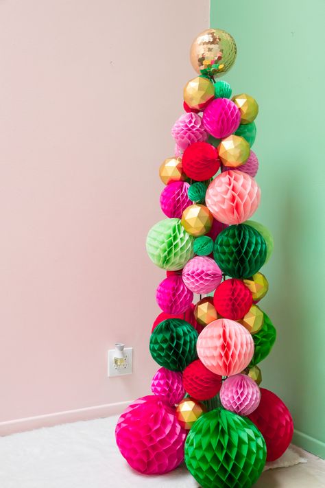 Holiday Party Tree  by Oh Joy in partnership with Air Wick Retro Holiday Party, 2022 Christmas Trends, Honeycomb Christmas Tree, Bright Christmas Decorations, Chirstmas Decor, Retro Christmas Decorations, Oh Joy, Air Wick, Alternative Christmas Tree