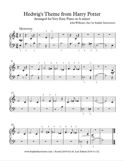 Hedwig’s Theme from Harry Potter – Very Easy Piano Sheet Music Arrangement – Sophie Sauveterre Harry Potter Theme Piano Easy, Violin Music Sheets For Beginners, Hedwig Theme Piano, Hedwigs Theme Piano, Beginner Violin Sheet Music, Harry Potter Theme Song, Easy Violin Sheet Music, Sheet Music With Letters, Piano Notes Songs