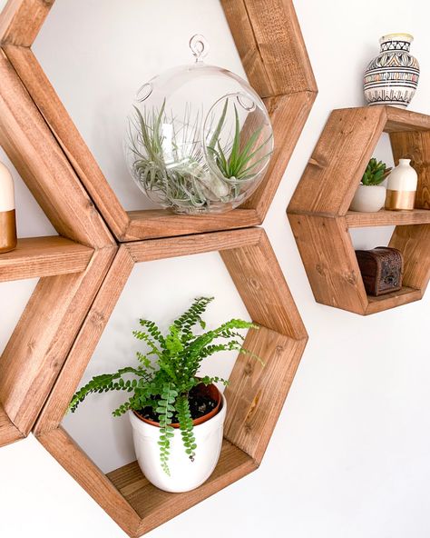 How To Decorate Honeycomb Shelves | Katie's Bliss Shelves Decor Living Room, Honeycomb Shelves Decor, Hexagon Wall Shelf, Shelves Decor, Crystal Shelf, Honeycomb Shelves, Shelves Floating, Shelf Decor Living Room, Hexagon Shelves