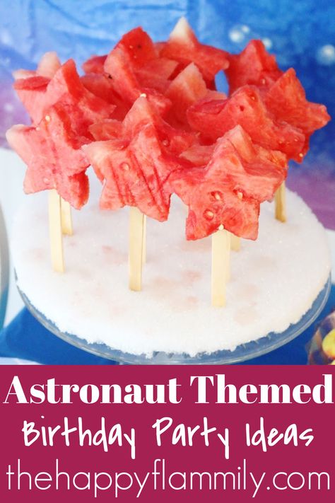 Alien Snacks Parties Food, Astronaut Party Food Ideas, Solar System Party Food, Astronaut Party Games, Astronaut Themed Food, Three Year Old Space Birthday, Outer Space Birthday Party Ideas, Outer Space Birthday Party Food, Space Theme Snacks For Kids