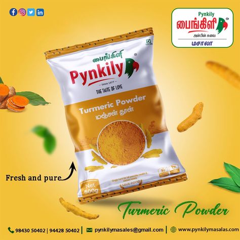 TURMERIC POWDER ✅Fresh and Pure ☎Call us for enquiry ; 098430 50402 #pynkily #pynkilymasala #masala #spices #tasty #tastyfood #aroma #healthy #healthyfood #food #turmeric #turmericpowder #healthy #pynkily #pynkilymasala Spices Packaging Design Creative, Tumeric Powder, Organic Turmeric Powder, Spices Packaging, Labels Design, Turmeric Powder, Creative Poster, Organic Turmeric, Creative Poster Design