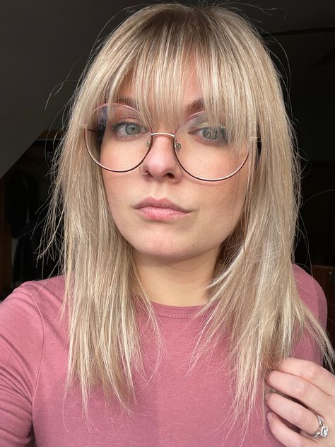 Lobs For Fine Hair With Bangs, Fine Fringe Hairstyles, Mid Length Fringe Haircut, Long Bangs And Glasses, Blonde Hair With Full Bangs, Blonde Hair With Fringe Mid Length, Medium Length Hair Bangs Straight, Full Bangs With Layers, Layered Bob Hairstyles For Fine Hair With Bangs