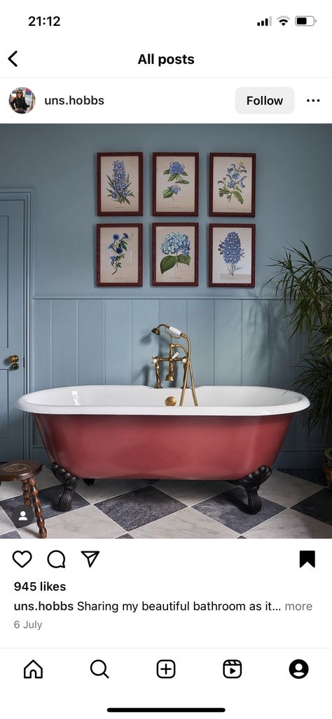 Bathroom Botanical, Blue Bathrooms Designs, Red Bathroom Decor, Checkered Floor, Paneled Walls, Bathroom Paneling, Red Bathroom, Twice As Nice, Red Colour Palette