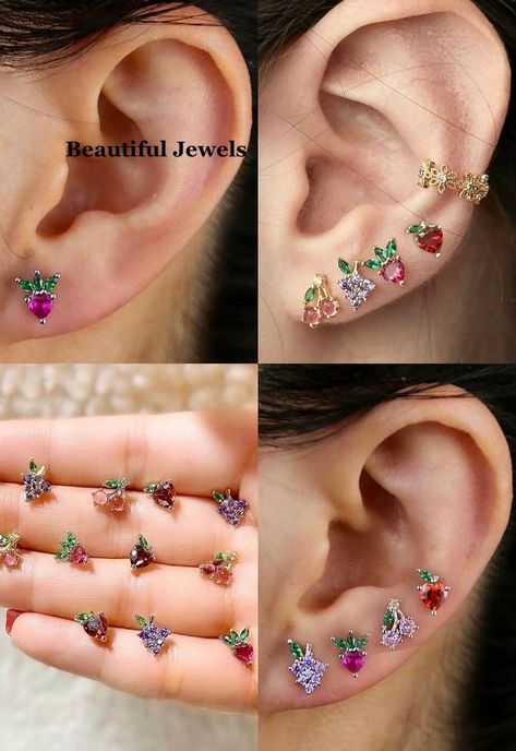 Gold Earring Studs, Crystal Fruit, Small Earrings Gold, Earrings Cartilage, Cute Ear Piercings, Fruit Jewelry, Fruit Earrings, Girly Accessories, Earring Studs