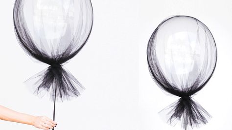 CHILD Magazines | DIY Tulle-Covered Balloons Tulle Covered Balloons Diy, Diy Tulle, Diy Magazine, Black Balloons, Magazines For Kids, Balloon Diy, Black Tulle, Mirror Table, Balloons