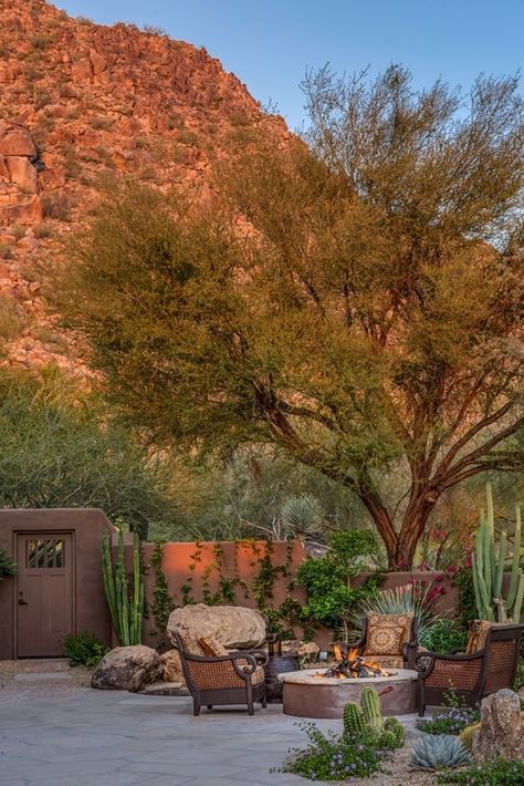 Arizona Porch Ideas, Southwest Backyard Ideas, Palm Springs Landscaping, Desert Landscape Design, Desert Backyard, Hacienda Homes, Front Yard Plants, New Mexico Homes, Arizona Landscape