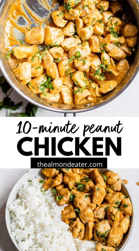 The easiest PEANUT CHICKEN SKILLET you'll ever make! The whole dish is ready in 10 minutes, and the chicken is marinated the most delicious peanut sauce. Chicken Broccoli Peanut Sauce, Healthy Thai Peanut Chicken, Tai Peanut Chicken, Healthy Peanut Chicken Recipe, Chicken And Peanuts Recipe, Chicken Peanut Butter Recipes, Peanut Thai Chicken, Peanut Sauce Chicken Recipes, Chicken Peanut Sauce