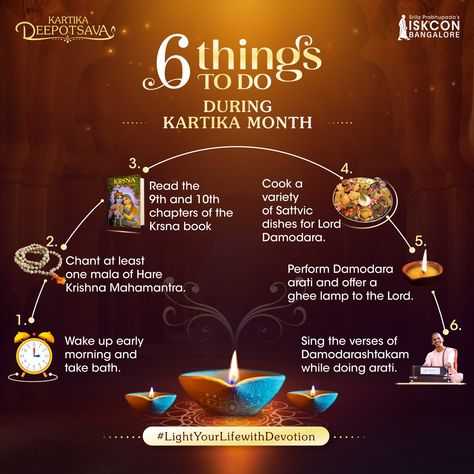 Here are 6 things you could do to please Lord Krishna in the auspicious Kartika month and #LightYourLifewithDevotion. Damodara Krishna Iskcon, Kartik Maas Quotes, Kartik Month Lord Krishna, Kartik Month, Hare Krishna Mahamantra, Iskcon Bangalore, Ancient Wisdom Quotes, Hare Krishna Mantra, Eternal Soul