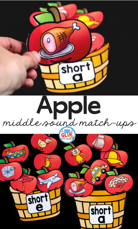 Your students are going to LOVE using this apple middle sound match up in your early literacy center! Perfect for learning or reviewing long and short vowel sounds. Short Vowel Games Kindergarten, Short Vowel Activities Kindergarten, Kindergarten Phonetics, Teaching Short Vowel Sounds, Vowel Activity, Kinder Literacy Centers, Vowel Sounds Activities, Long And Short Vowel Sounds, Short Vowel Games